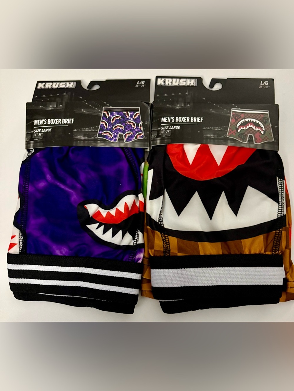 2 Pairs NEW In Pkg Checker Diamonds & Fangs Boxers Briefs Men's Size LARGE Krush